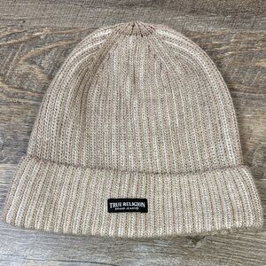 True Religion Classic Ribbed Knit Beanie Hat | Tan Neutral | Logo Patch